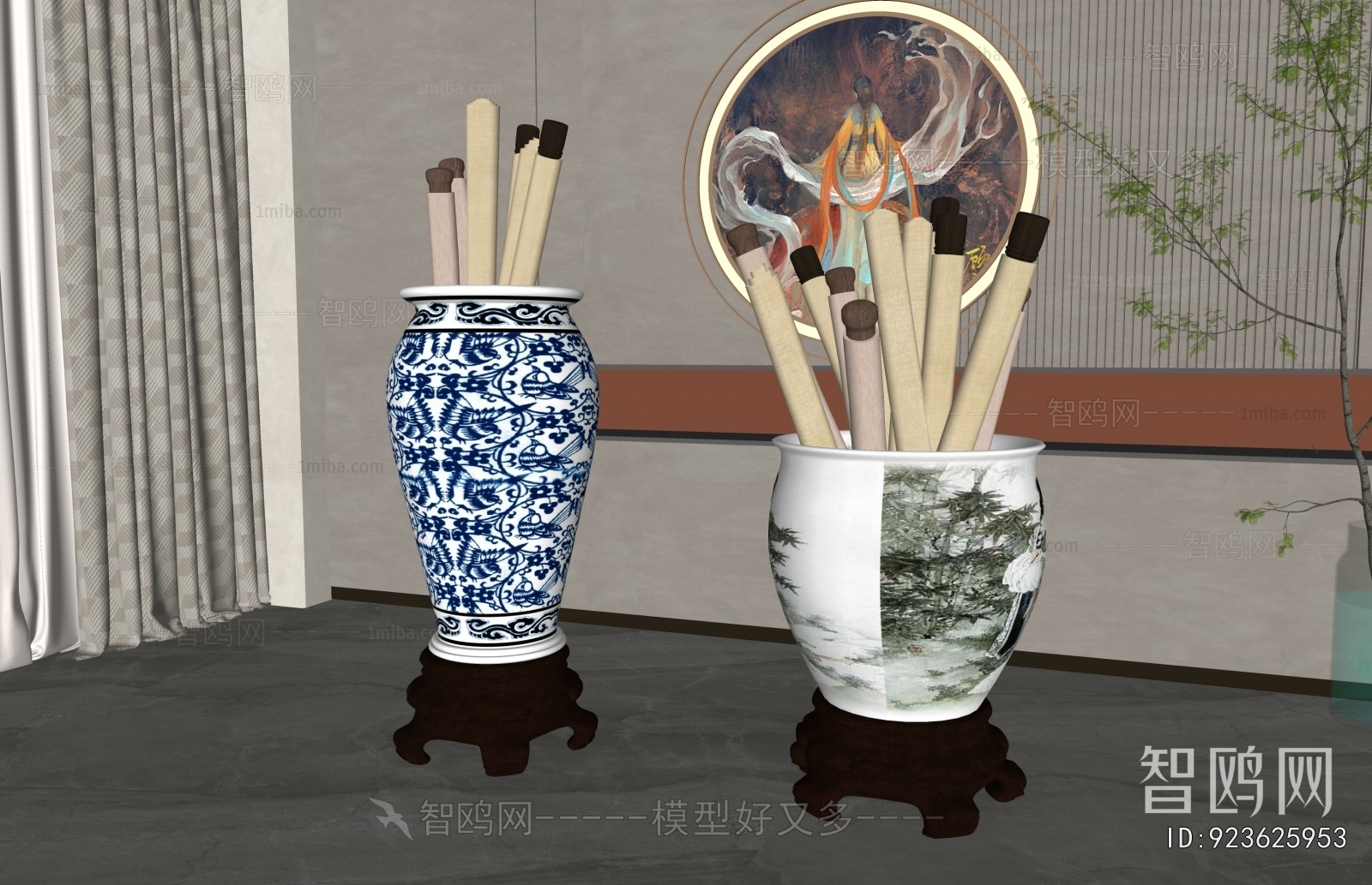 新中式青花瓷卷轴书画缸摆件