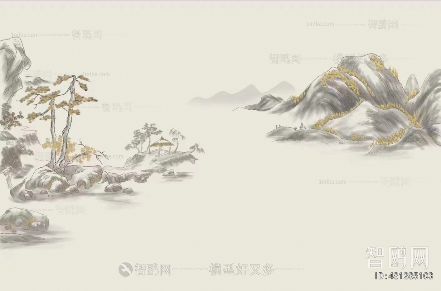 新中式山脉松树彩绘壁纸