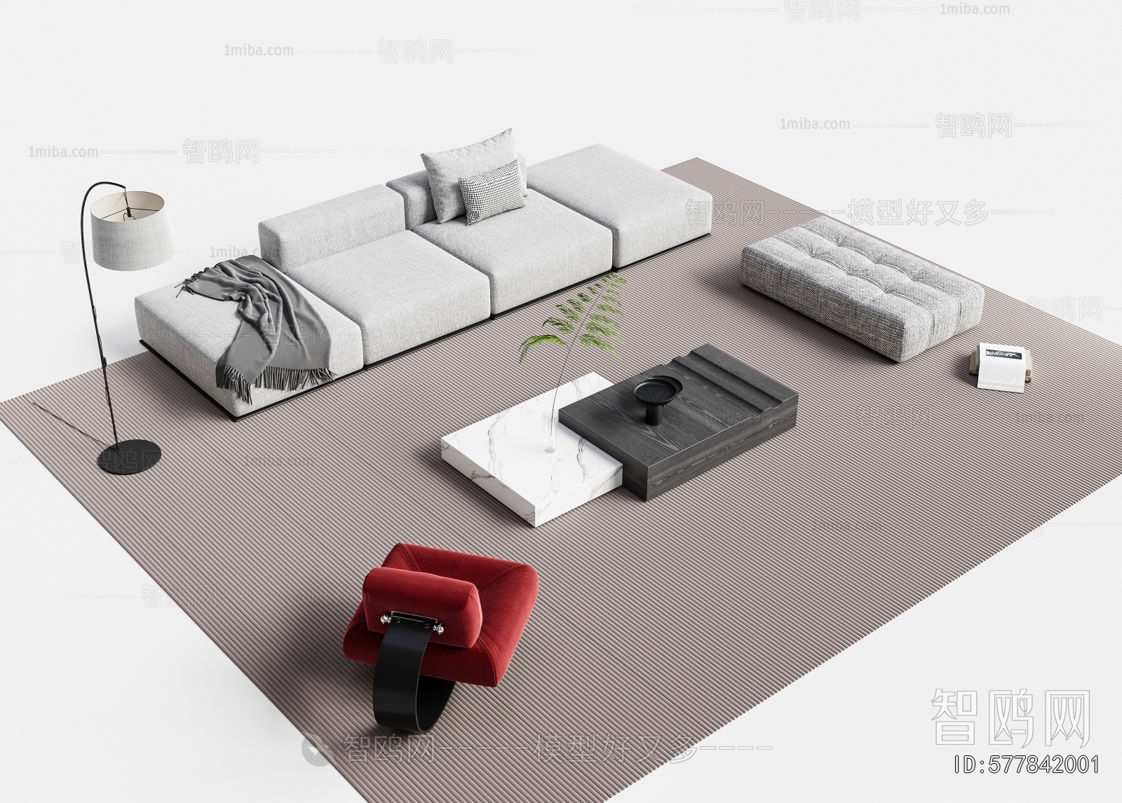 现代布艺沙发茶几组合3D模型下载