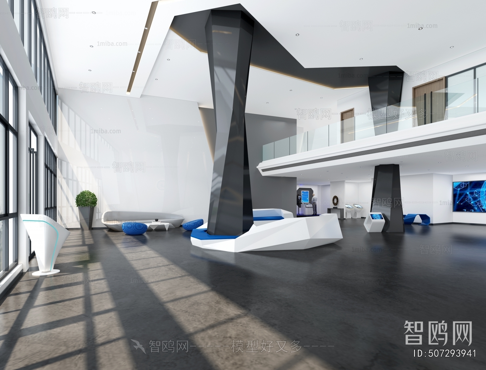 现代办公前台大厅3D模型下载