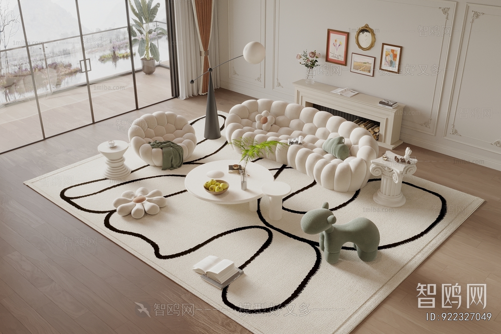 法式奶油风沙发茶几组合3D模型下载