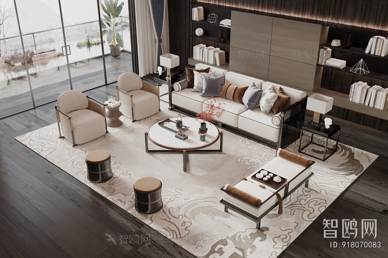 新中式沙发茶几组合3D模型下载