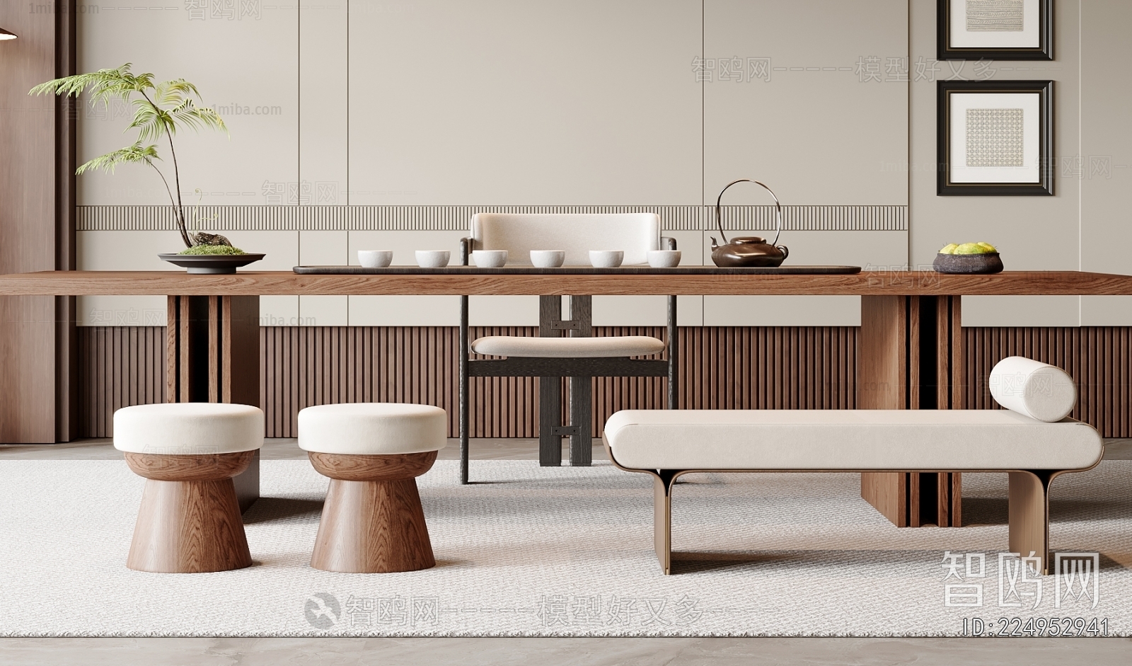 现代中古风茶桌椅组合3D模型下载