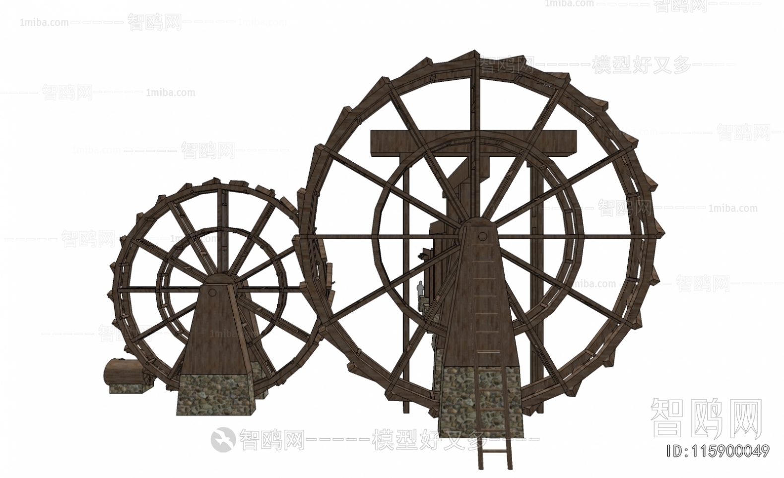 中式双轮木质水车风车