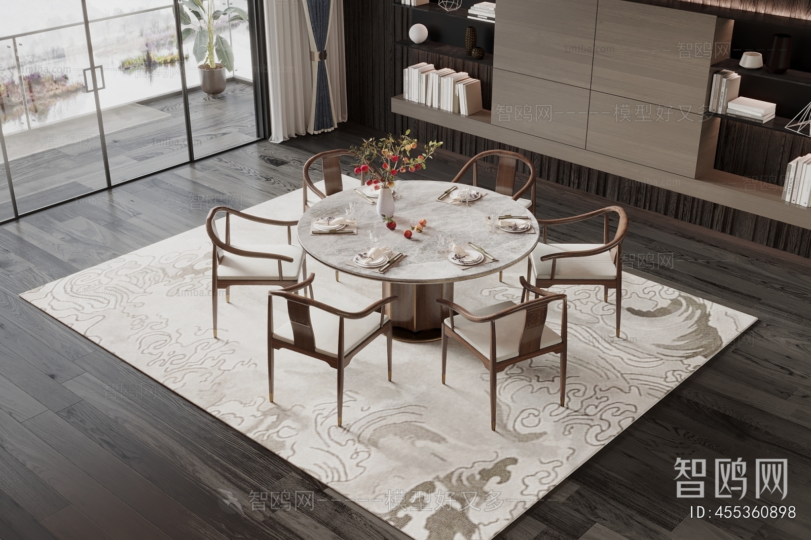 新中式圆形餐桌椅组合3D模型下载