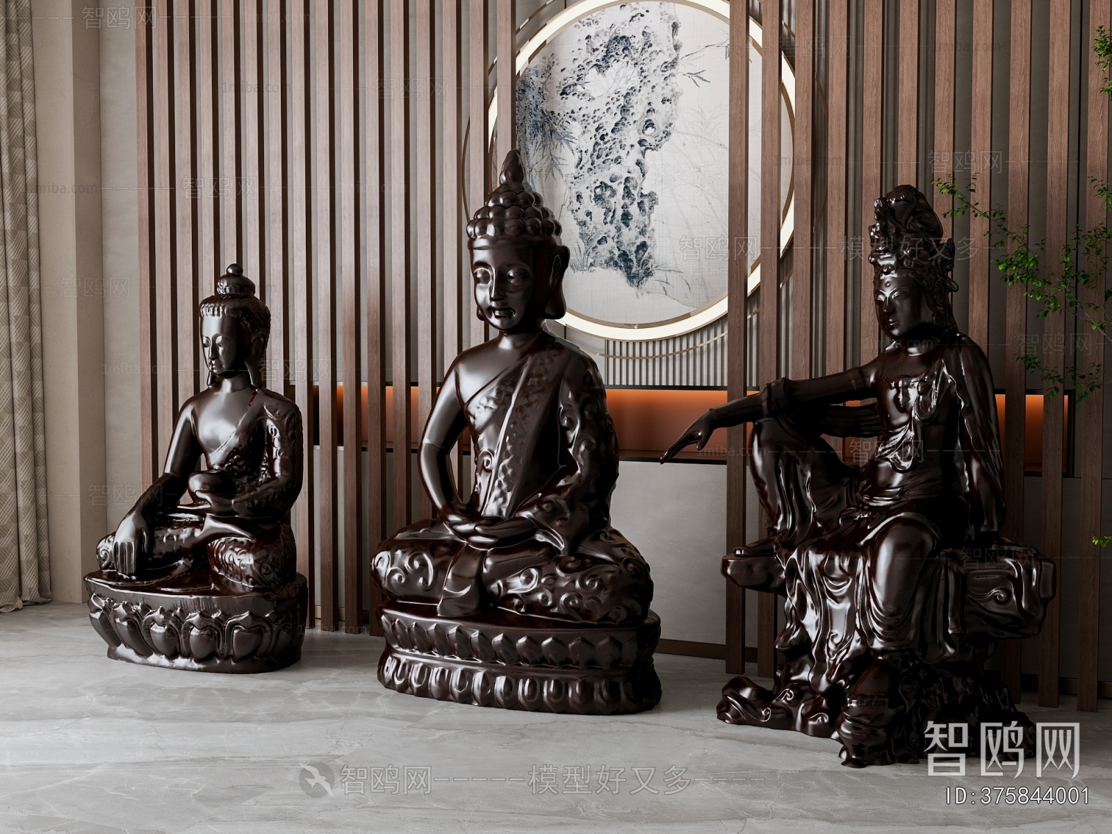 中式佛像雕塑摆件组合