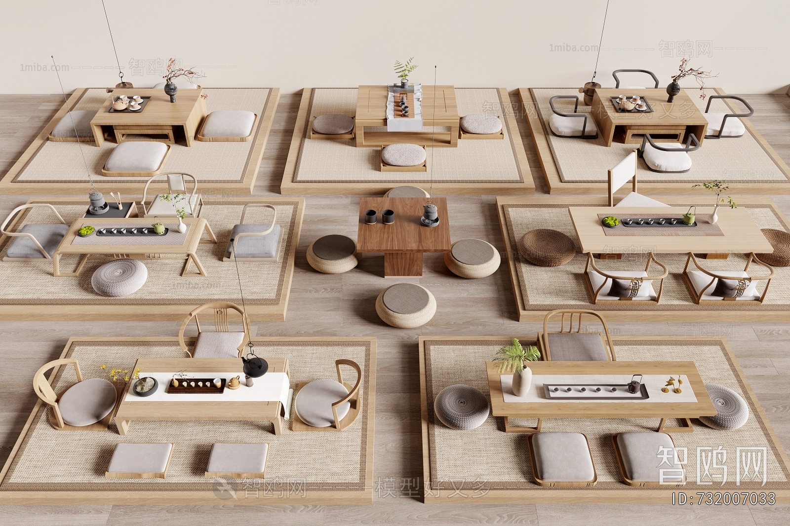 新中式榻榻米茶桌椅组合3D模型下载
