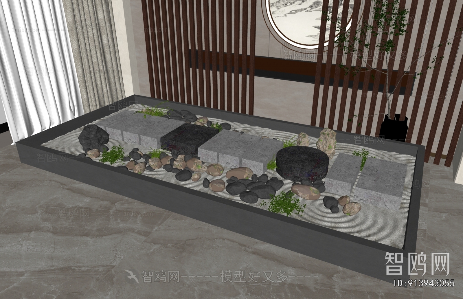 新中式庭院石头踏板组合3D模型下载