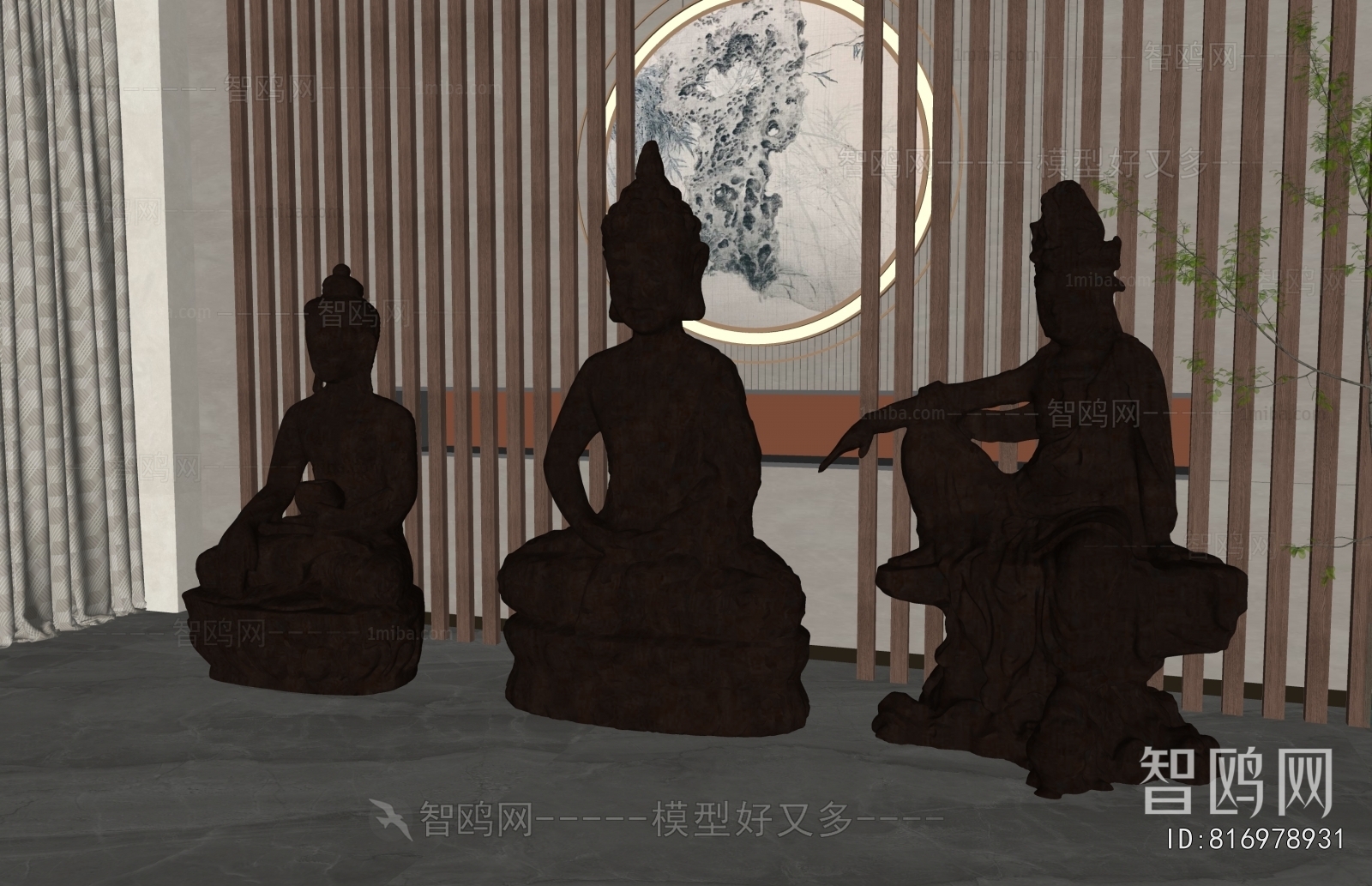 中式佛像雕塑摆件组合