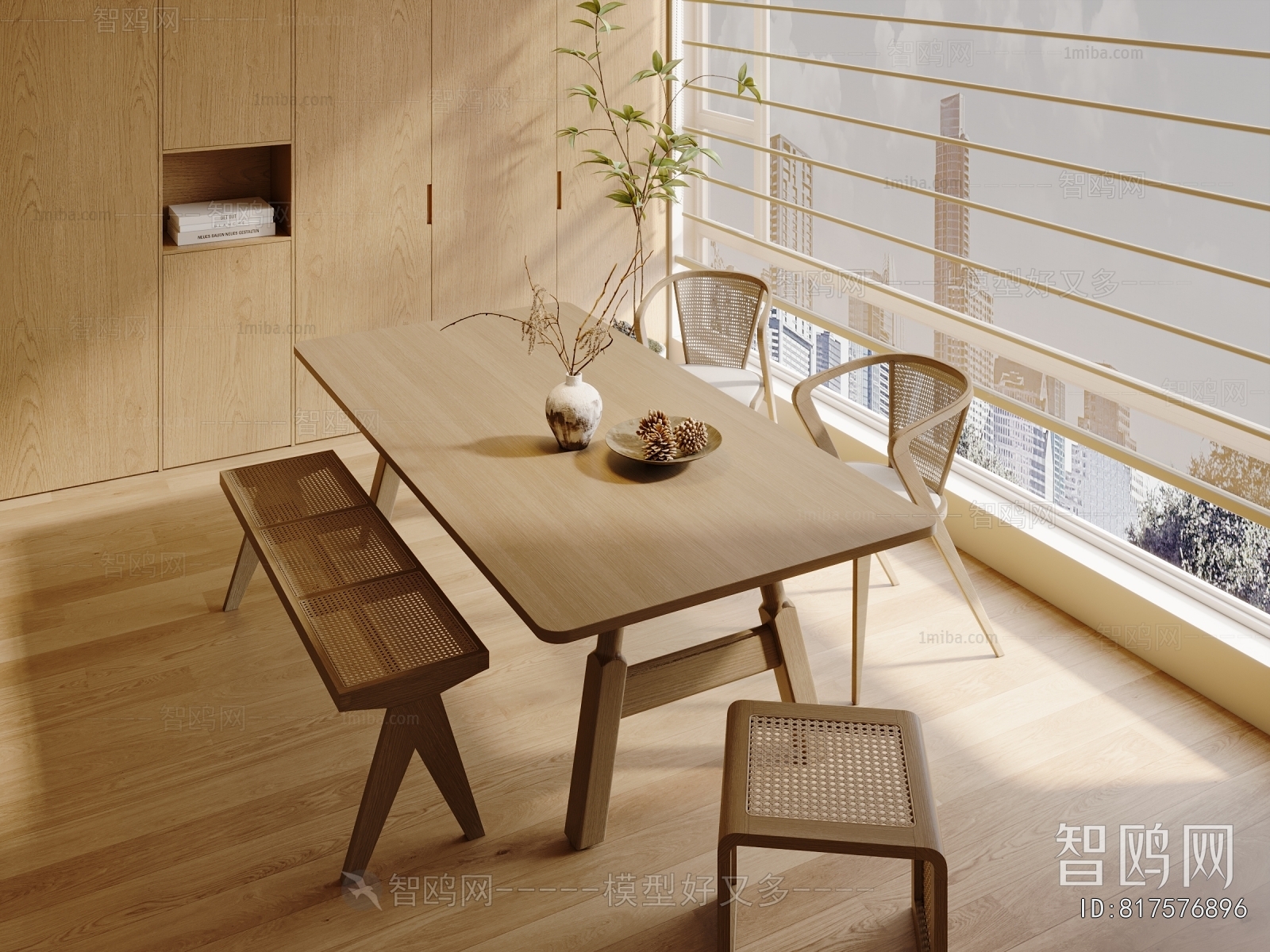 现代原木餐桌藤编椅