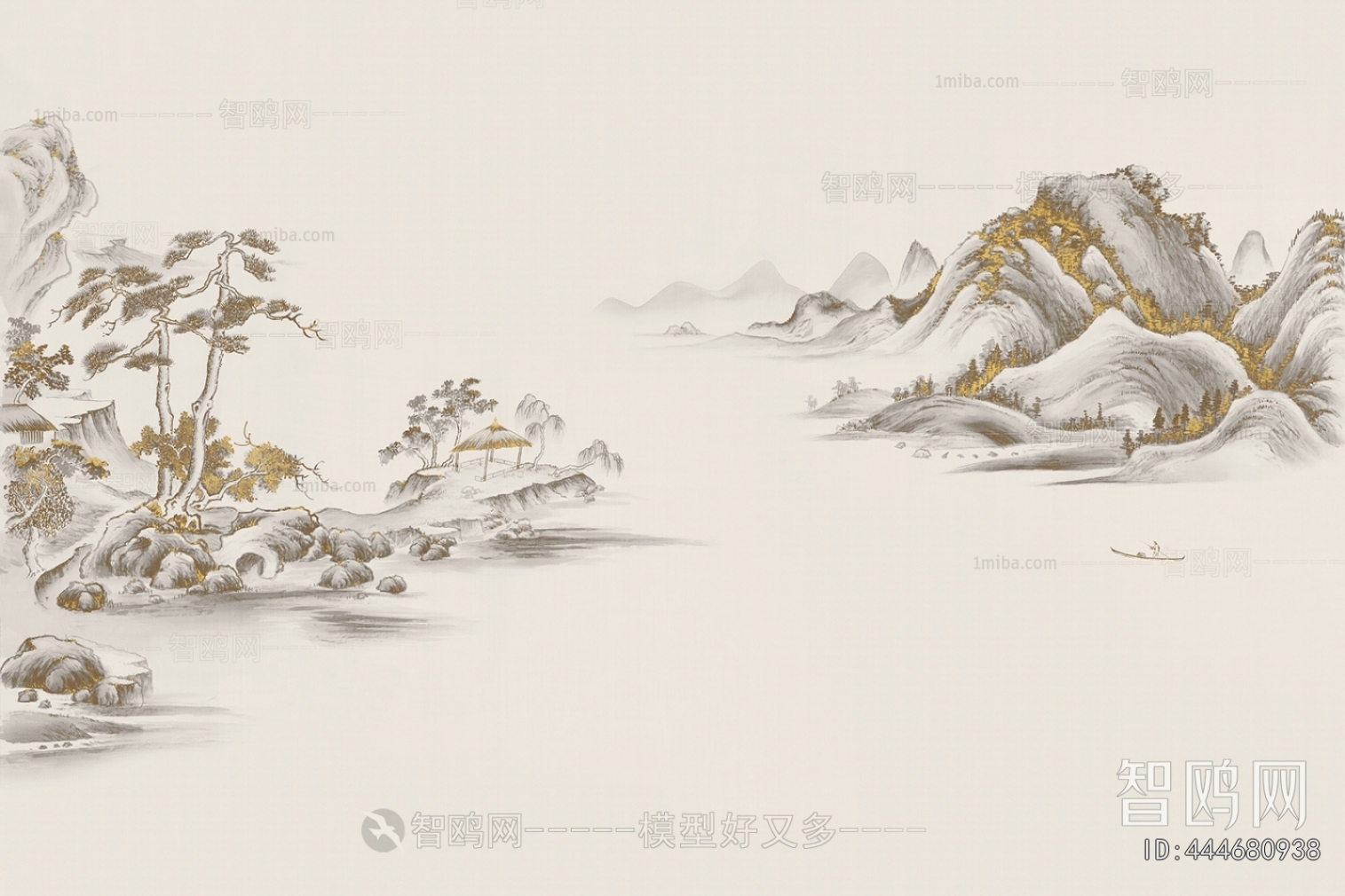 新中式水墨山水壁画3D模型下载