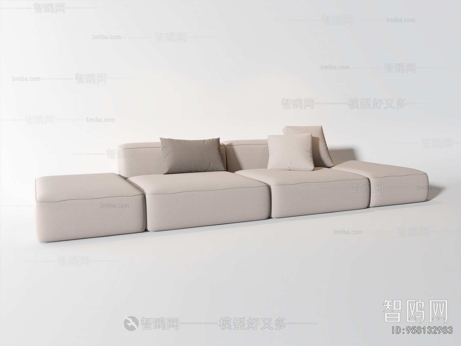 现代布艺多人沙发3D模型下载