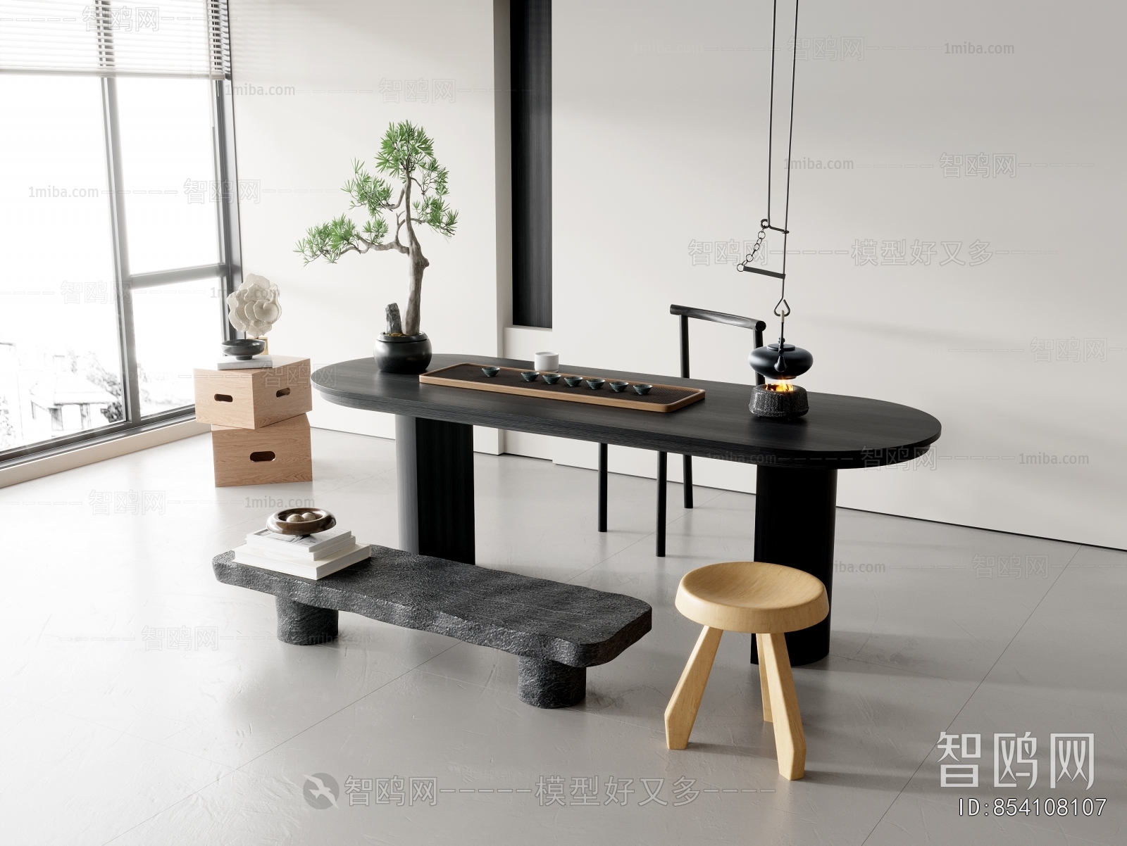 现代实木茶桌椅凳组合