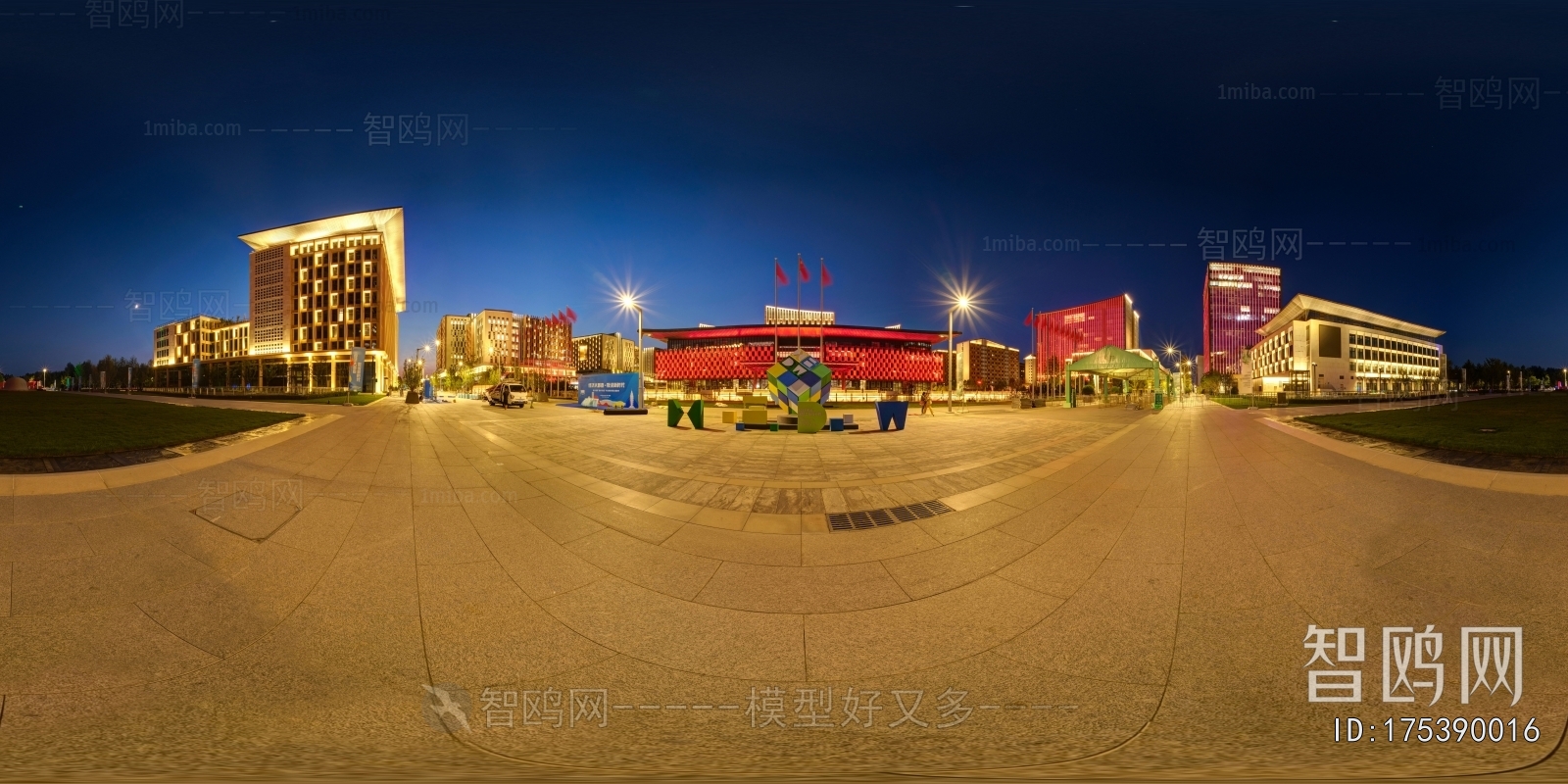 黑夜城市休闲广场全景HDR