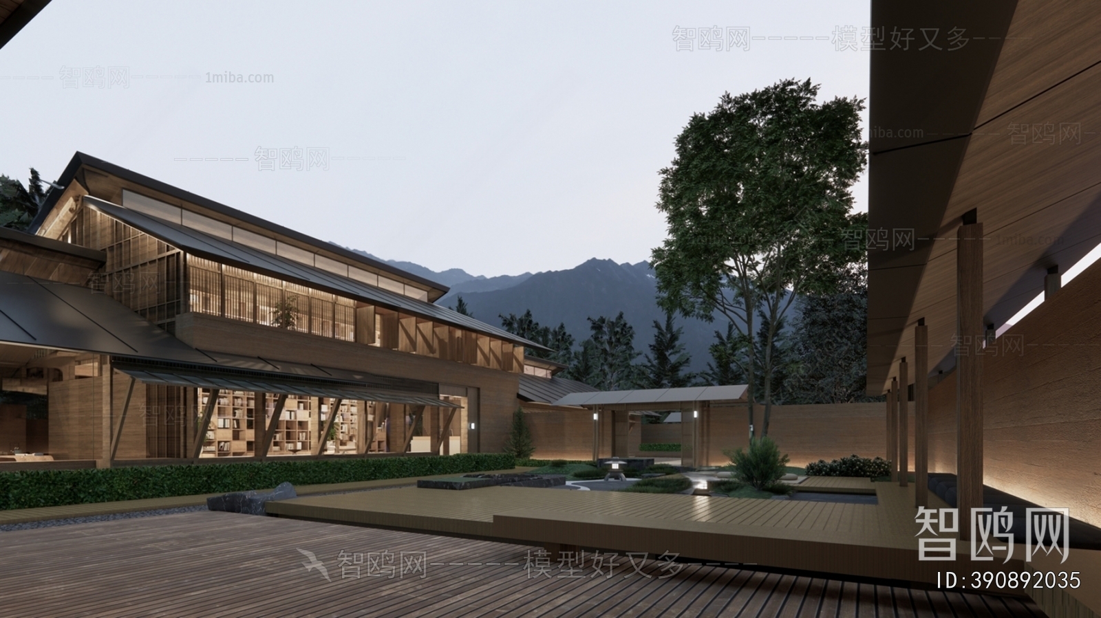 新中式民宿建筑夜景