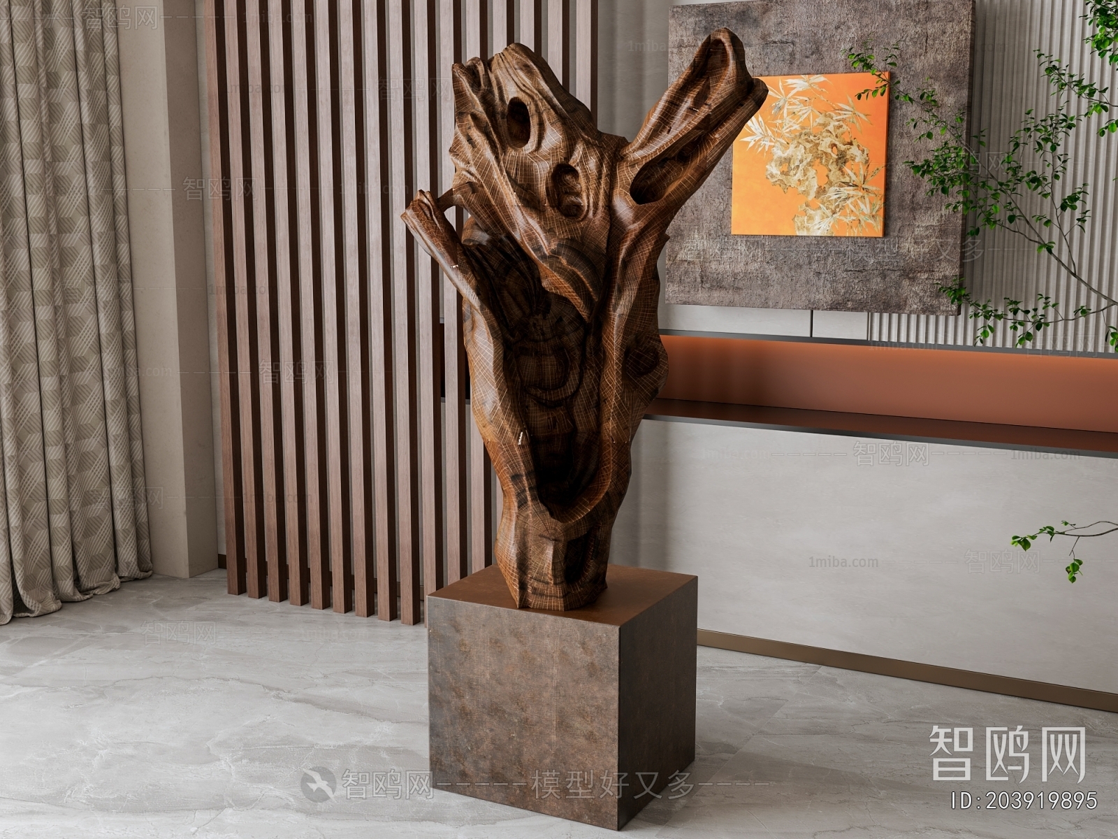 新中式树根雕塑摆件3D模型下载