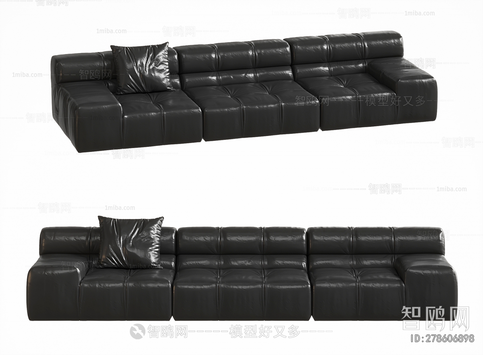 现代黑色皮革三人沙发