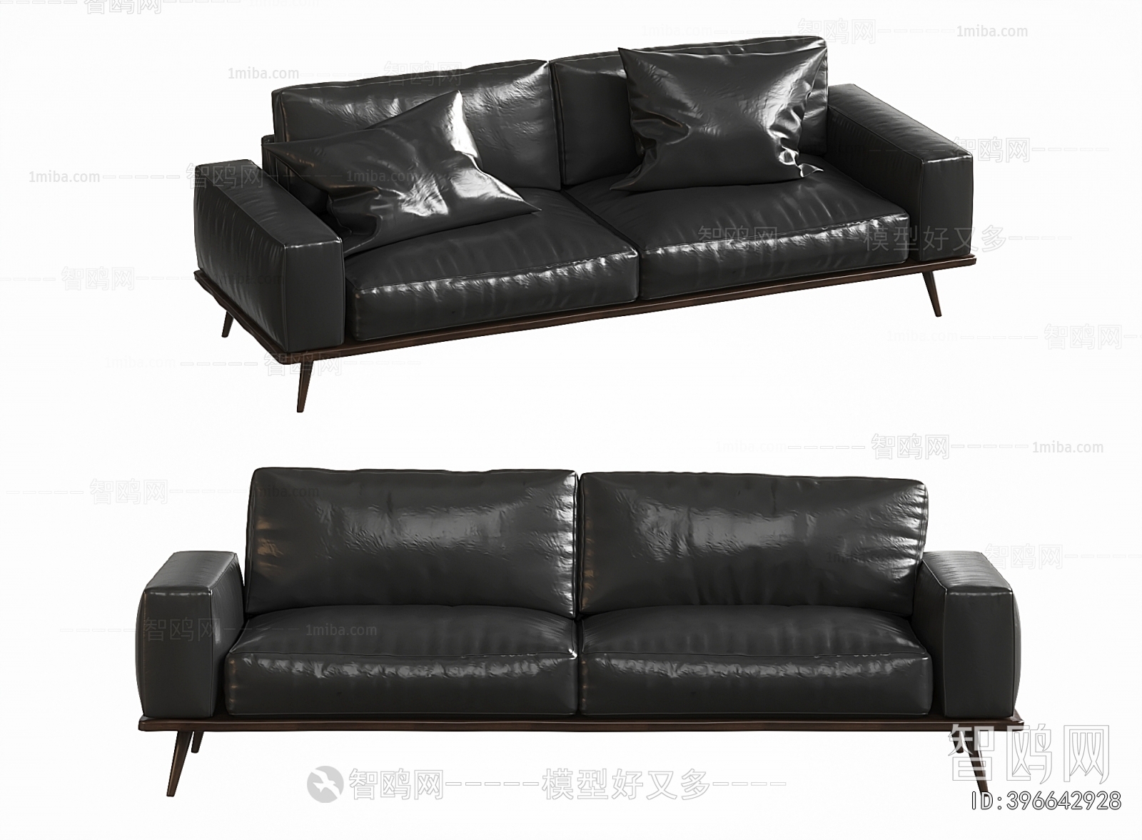 现代黑色皮革双人沙发3D模型下载