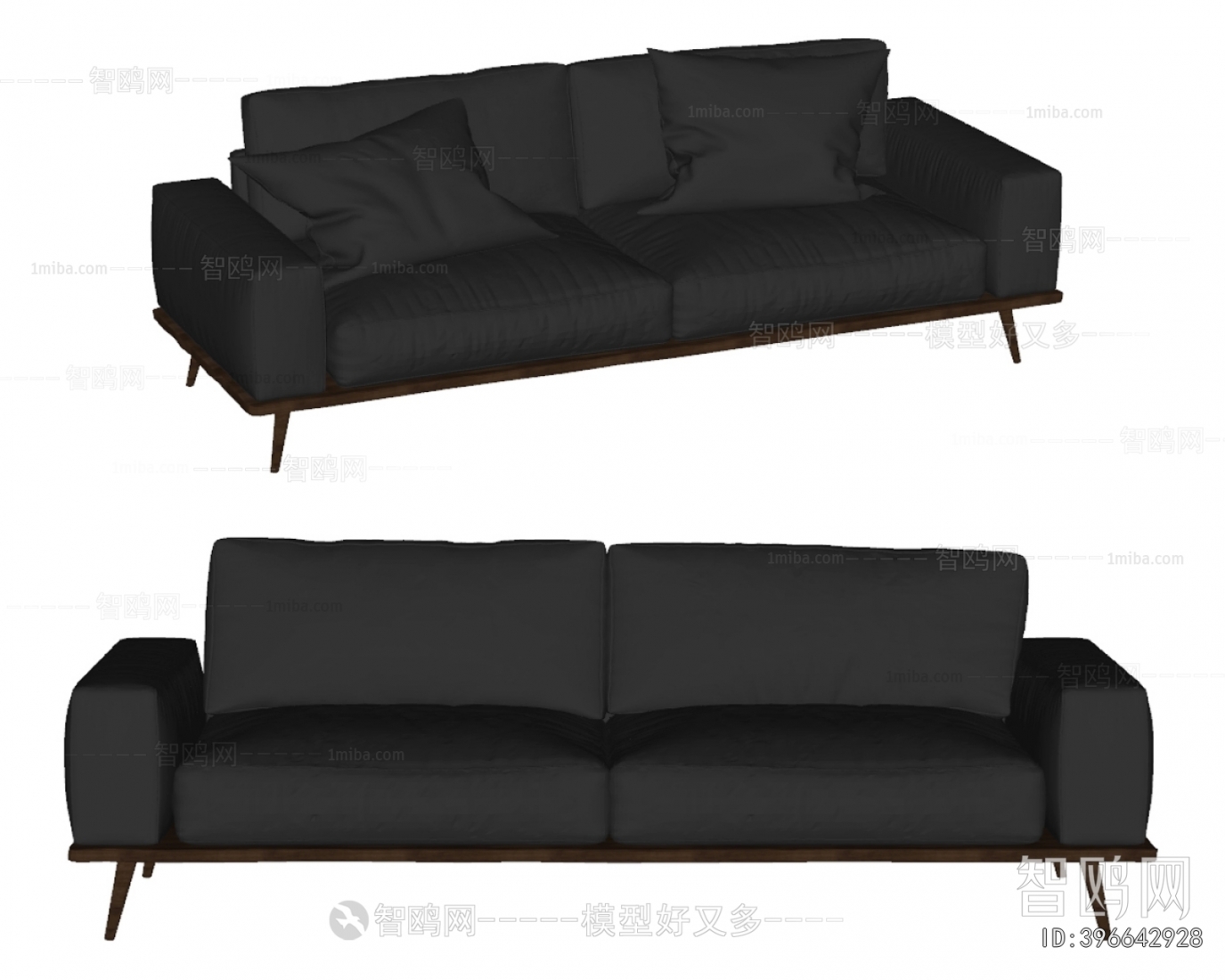 现代黑色皮革双人沙发3D模型下载