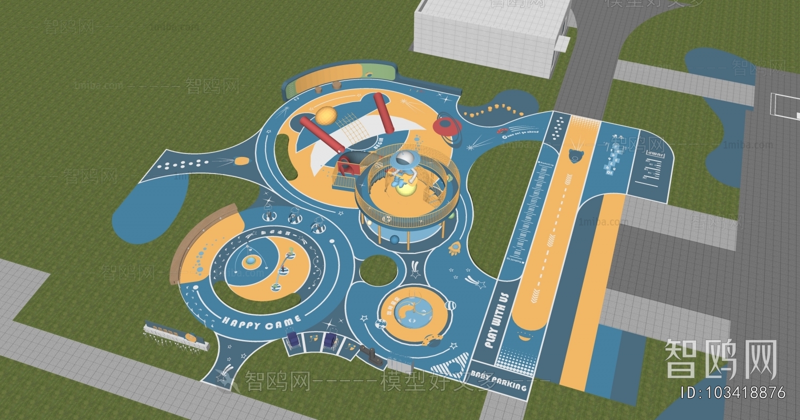 现代户外儿童游乐区鸟瞰3D模型下载