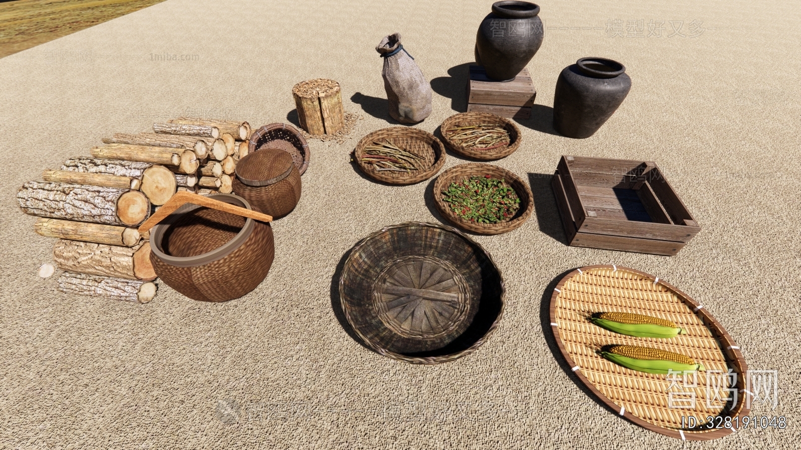 中式农具酒缸木柴簸箕3D模型下载