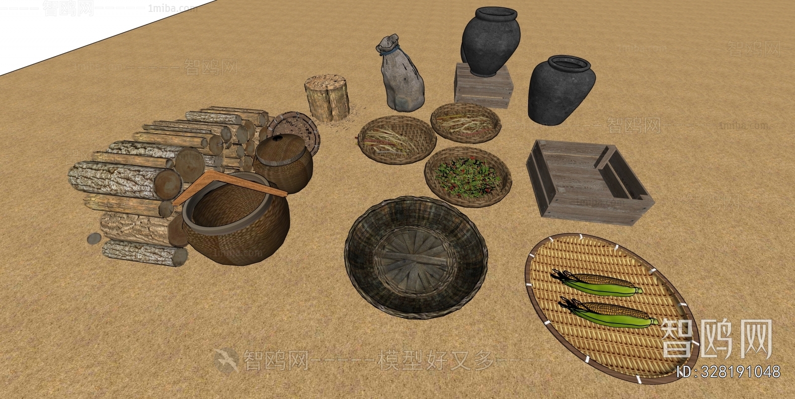 中式农具酒缸木柴簸箕3D模型下载