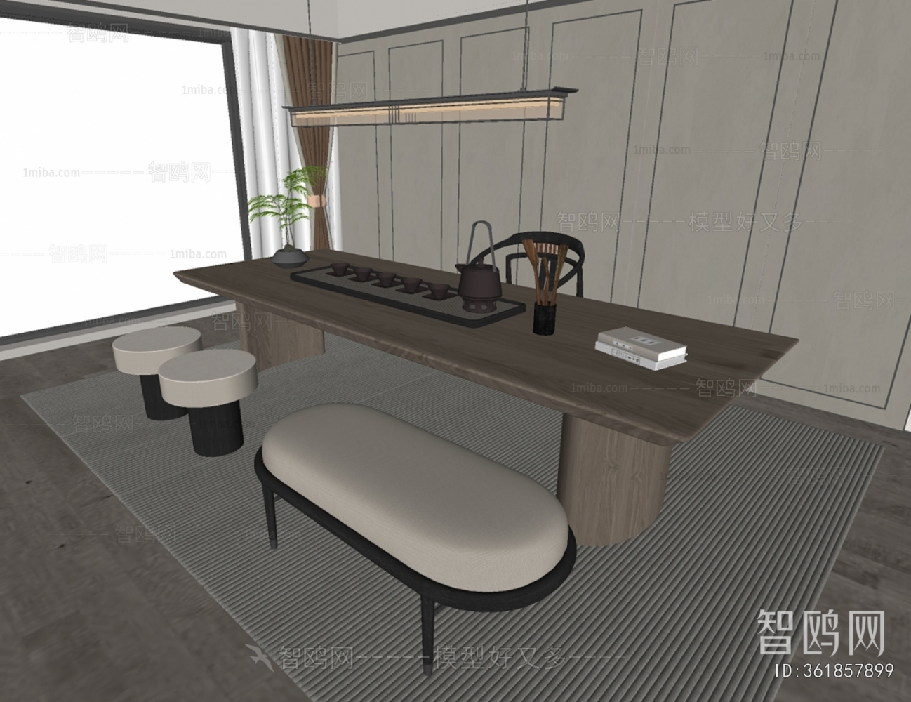 新中式茶桌椅3D模型下载