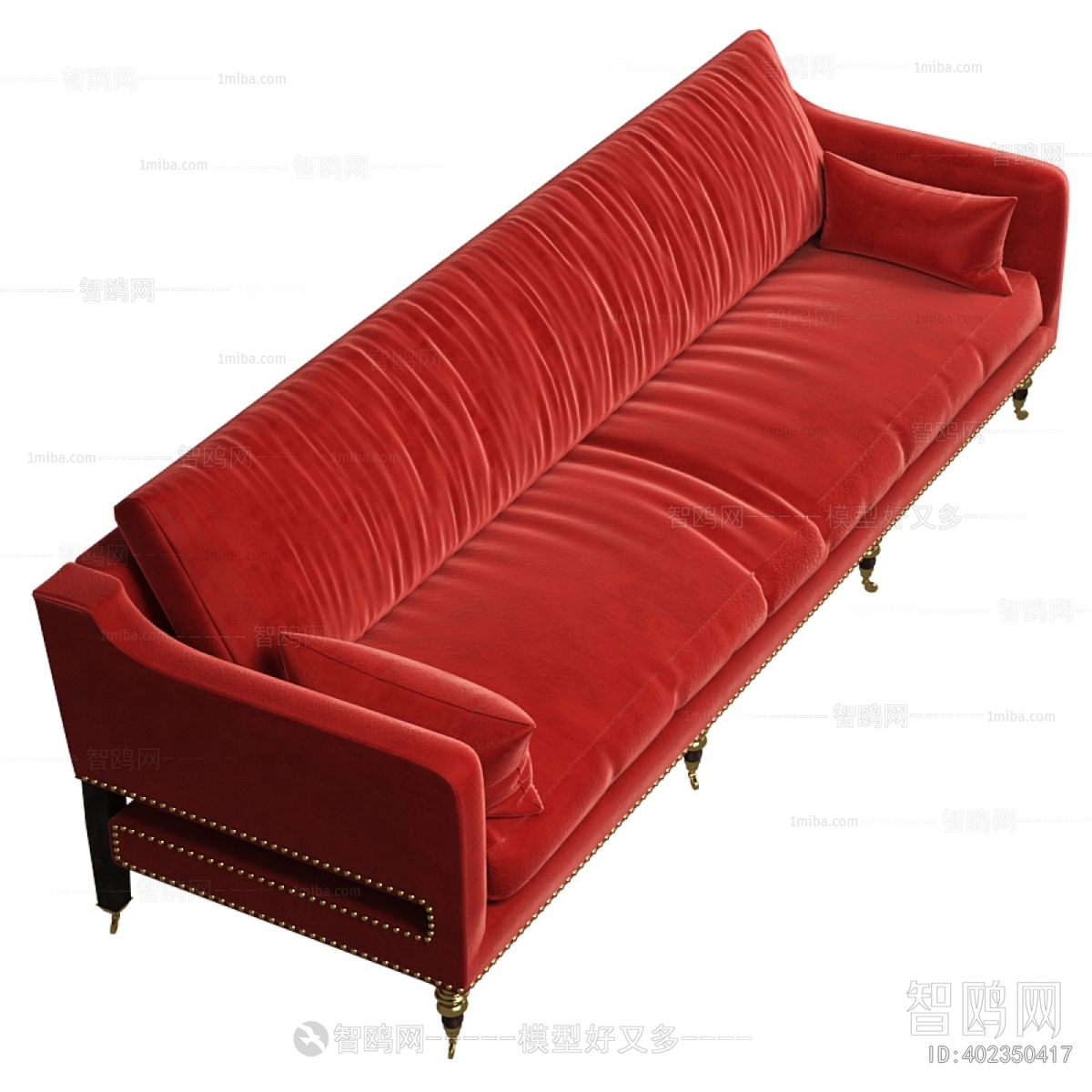 美式红色绒布多人沙发