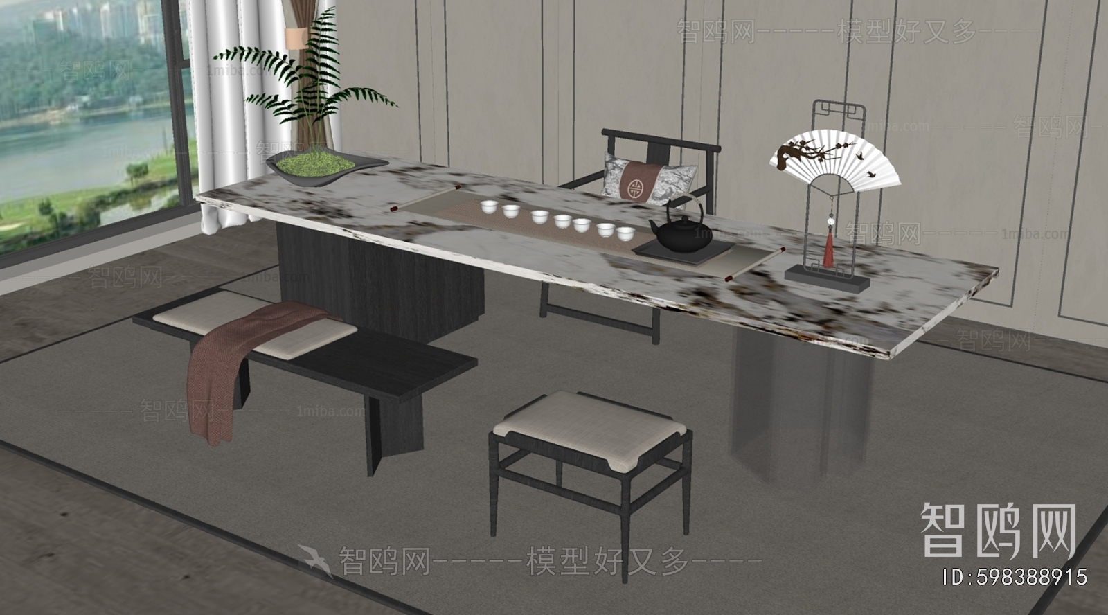 新中式茶桌椅3D模型下载