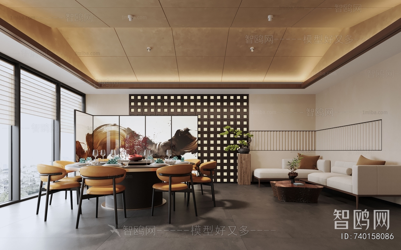 新中式餐厅包厢3D模型下载