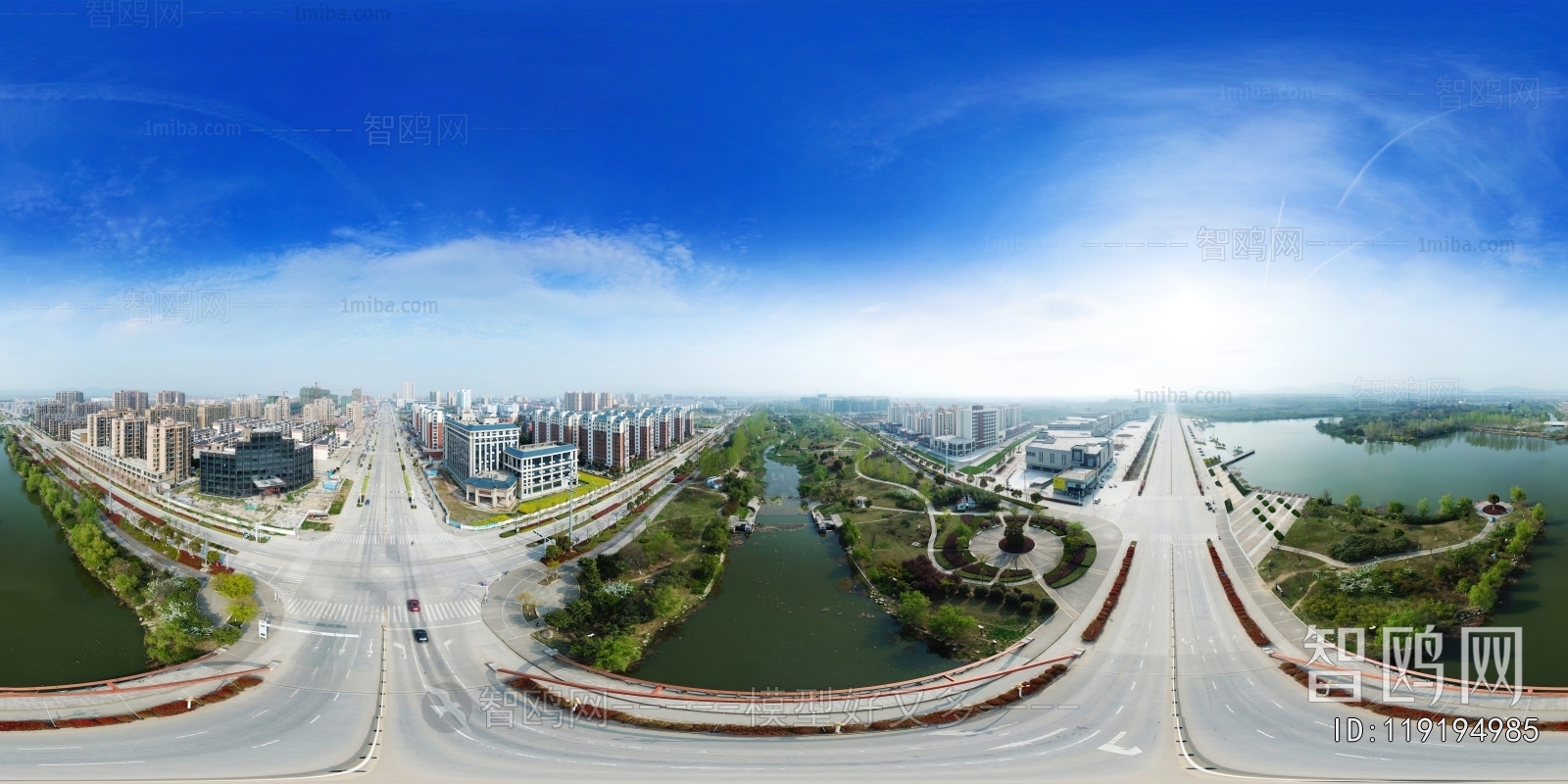 白天城市生态绿化河流全景HDR