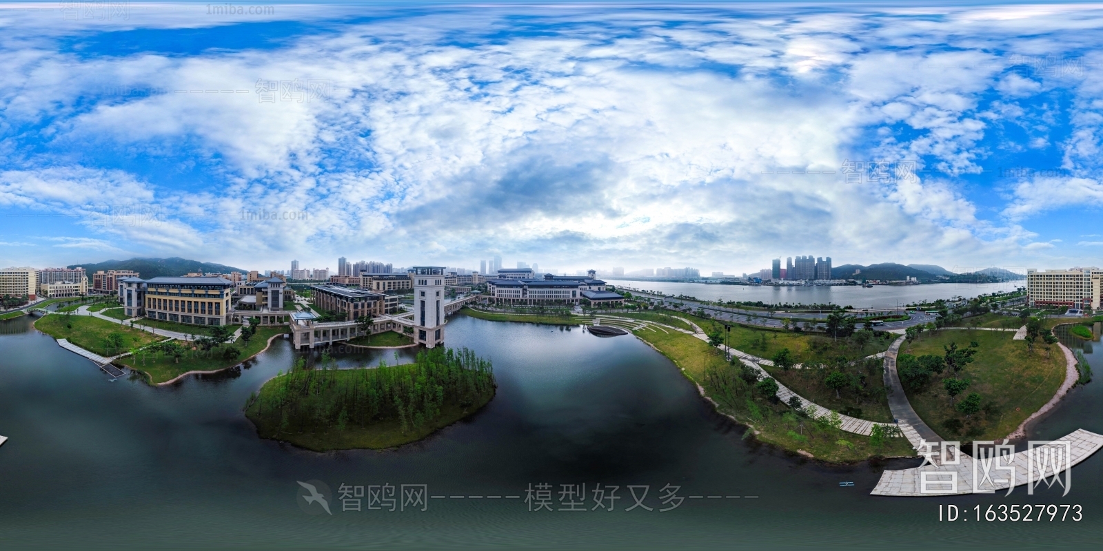 白天城市休闲广场河流全景HDR