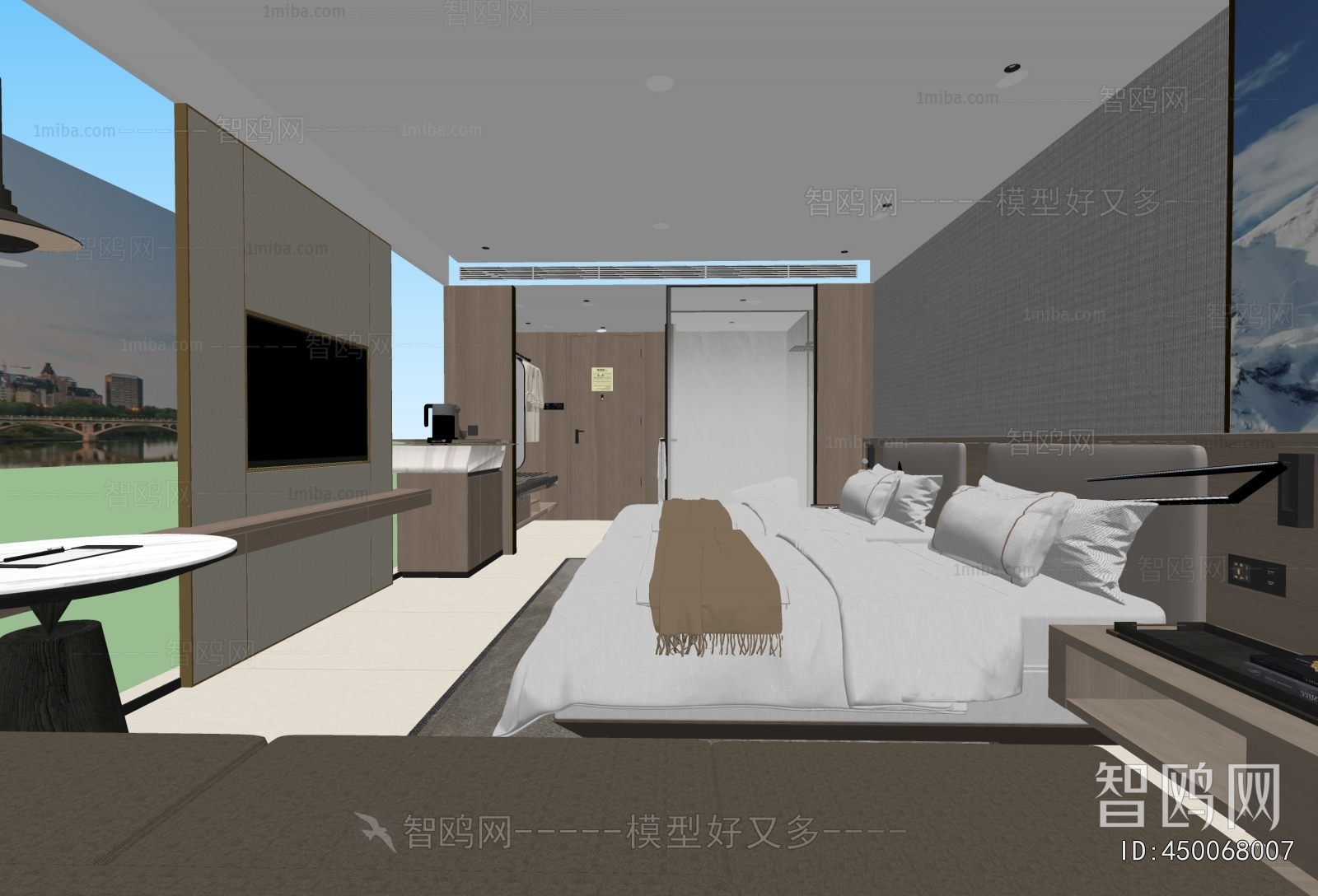现代酒店客房双人间3D模型下载