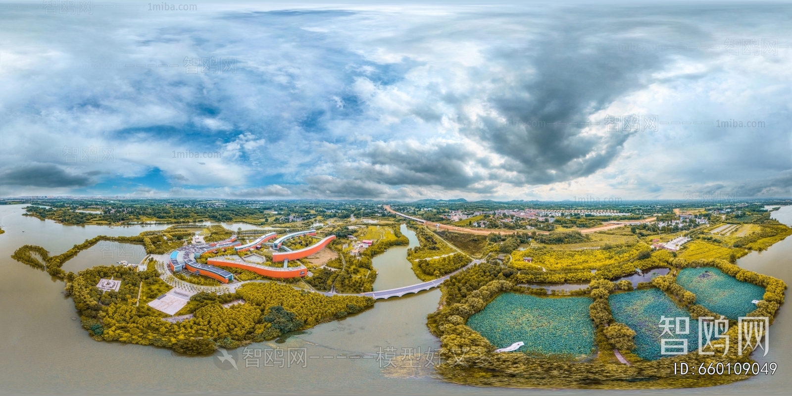 白天城市河流生态绿化全景HDR