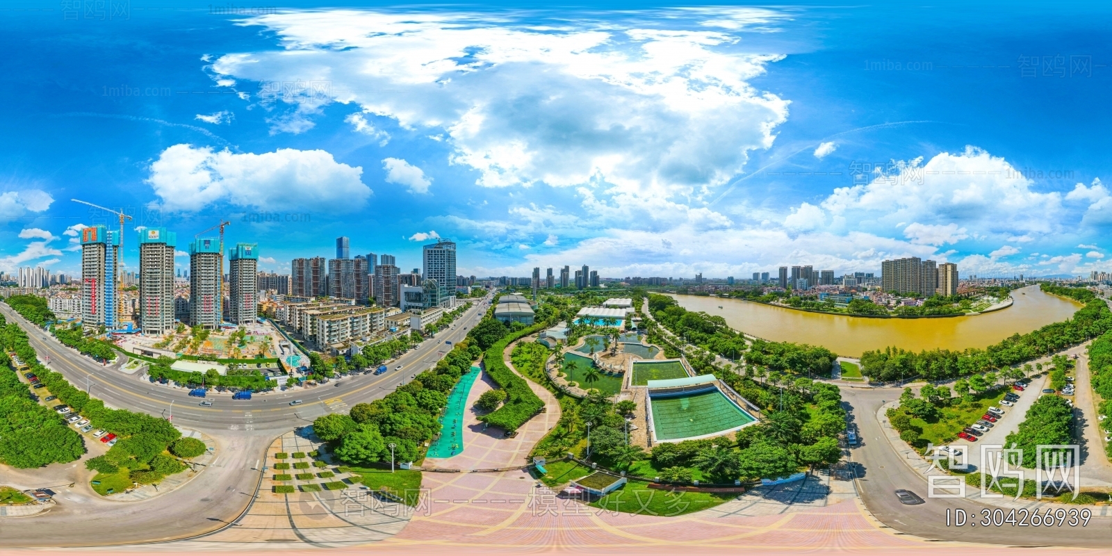 白天城市河流生态绿化全景HDR