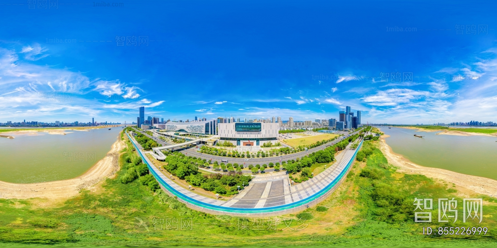 白天城市郊外河流绿化全景HDR