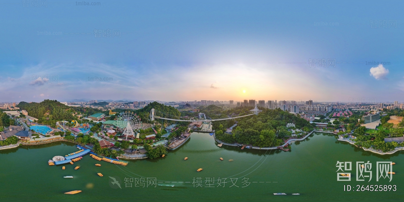 白天城市河流生态绿化全景HDR