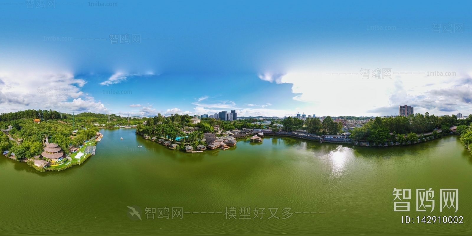 白天城市河流生态绿化全景HDR