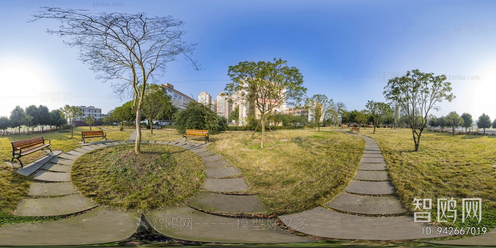 城市休闲广场绿地全景HDR