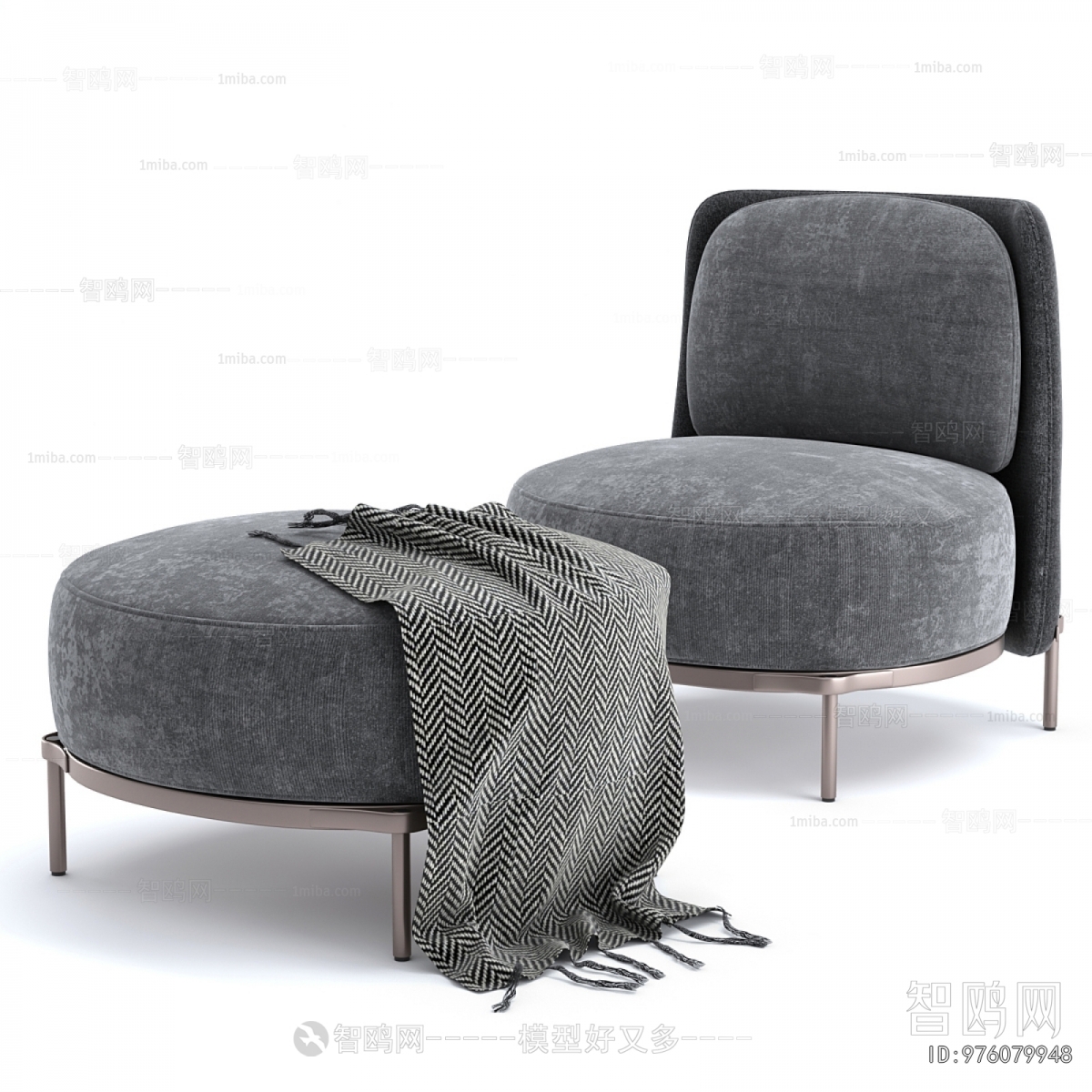 现代布艺圆单人沙发 搭脚凳