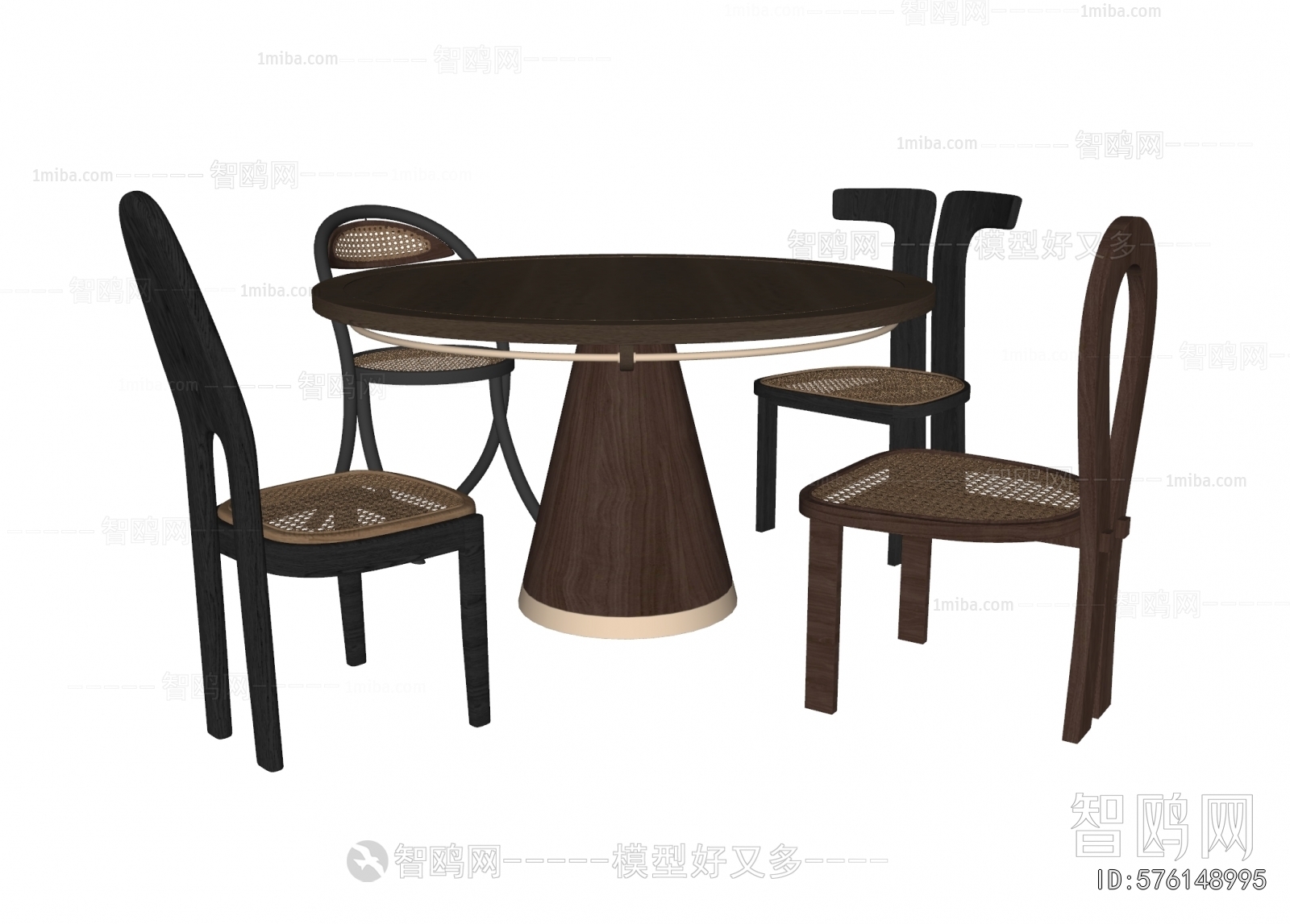现代中古风圆餐桌藤编椅3D模型下载