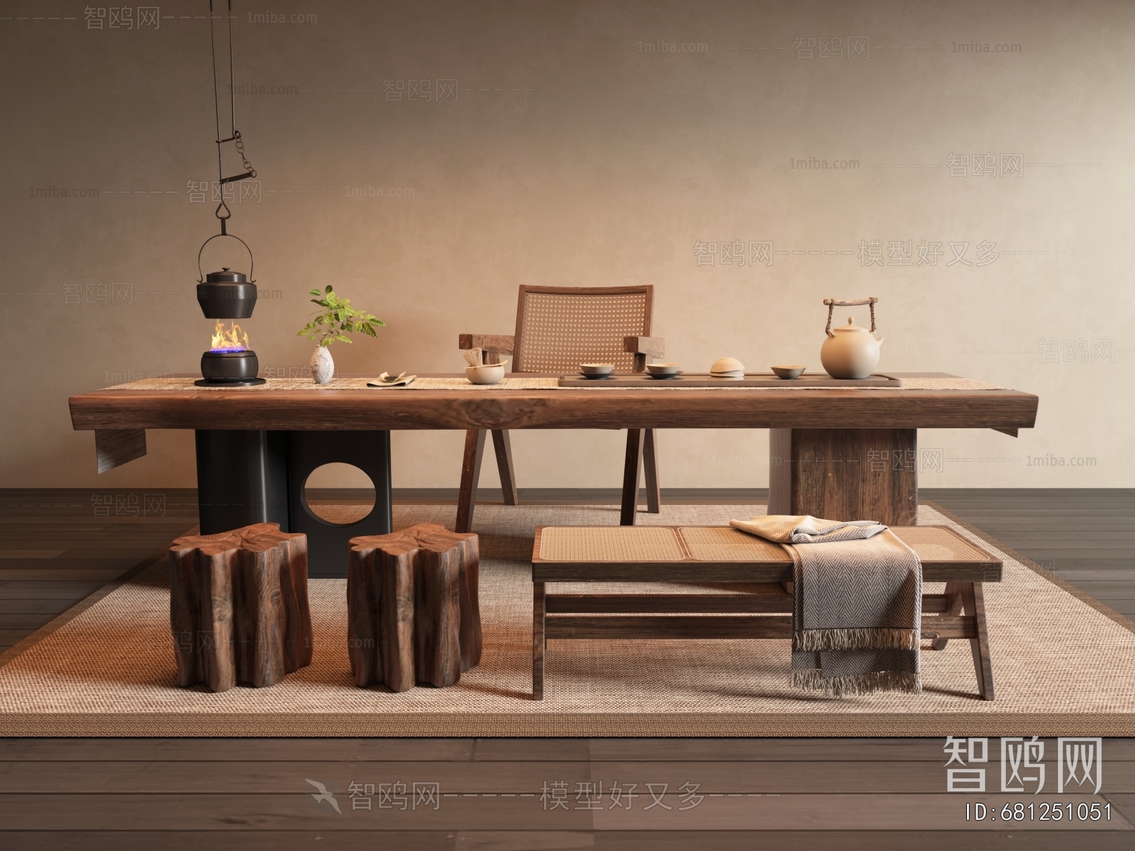 侘寂风茶桌椅组合3D模型下载
