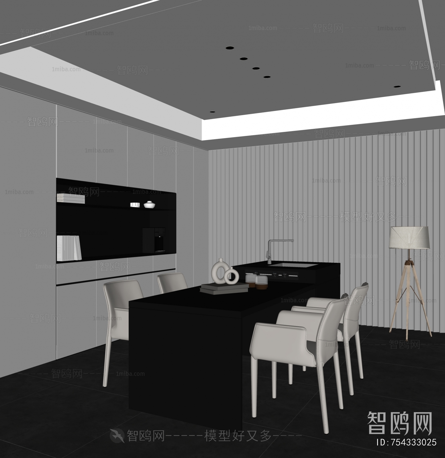 现代暗黑餐厅3D模型下载
