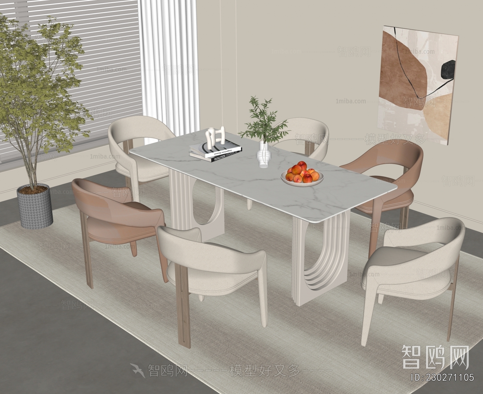 现代奶油风餐桌椅组合3D模型下载