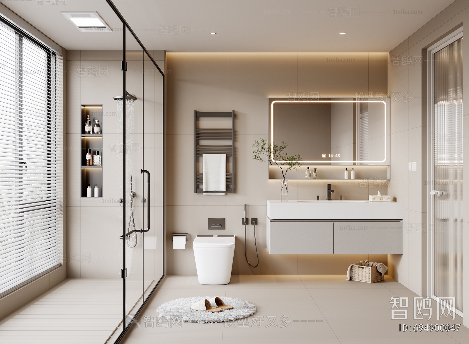 现代奶油风卫生间浴室3D模型下载