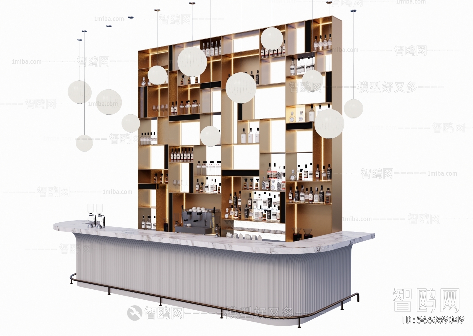 现代酒吧台服务台酒架3D模型下载