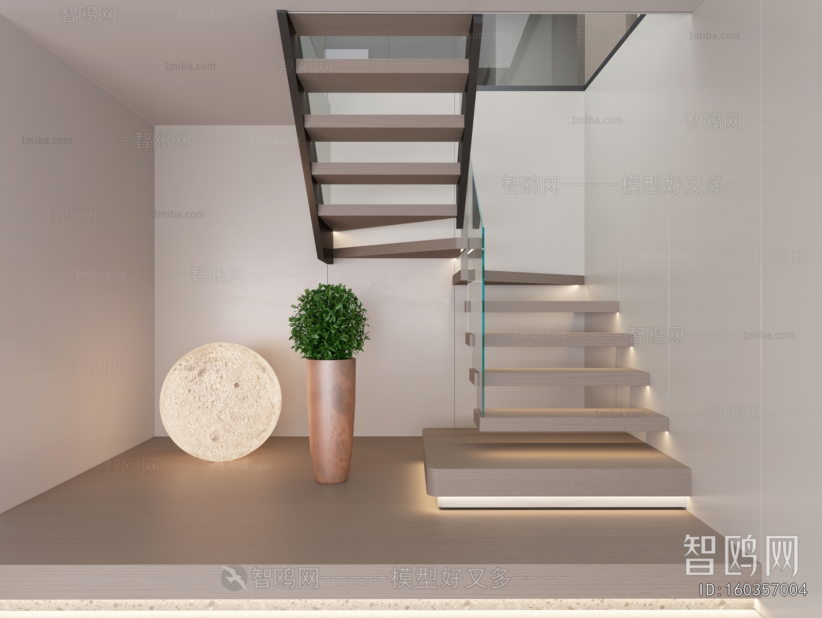 现代实木楼梯间3D模型下载