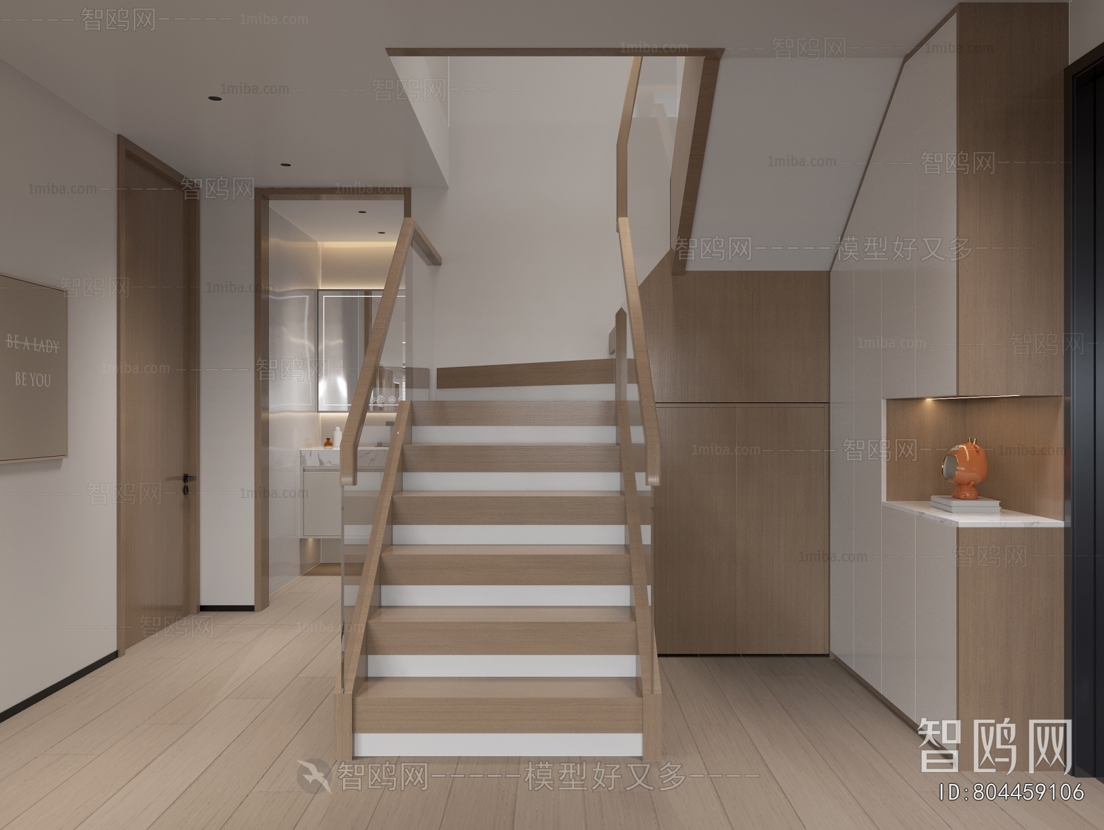 现代实木楼梯间3D模型下载