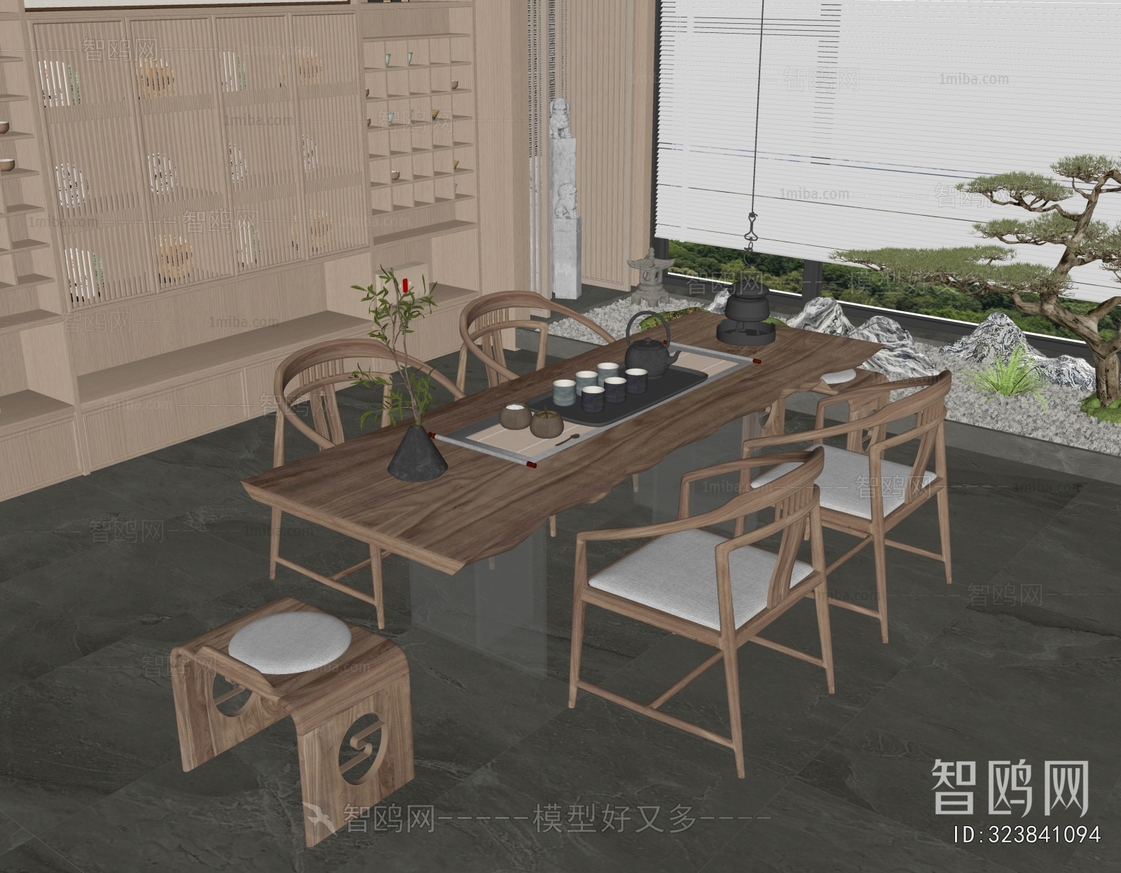 新中式茶桌椅组合3D模型下载
