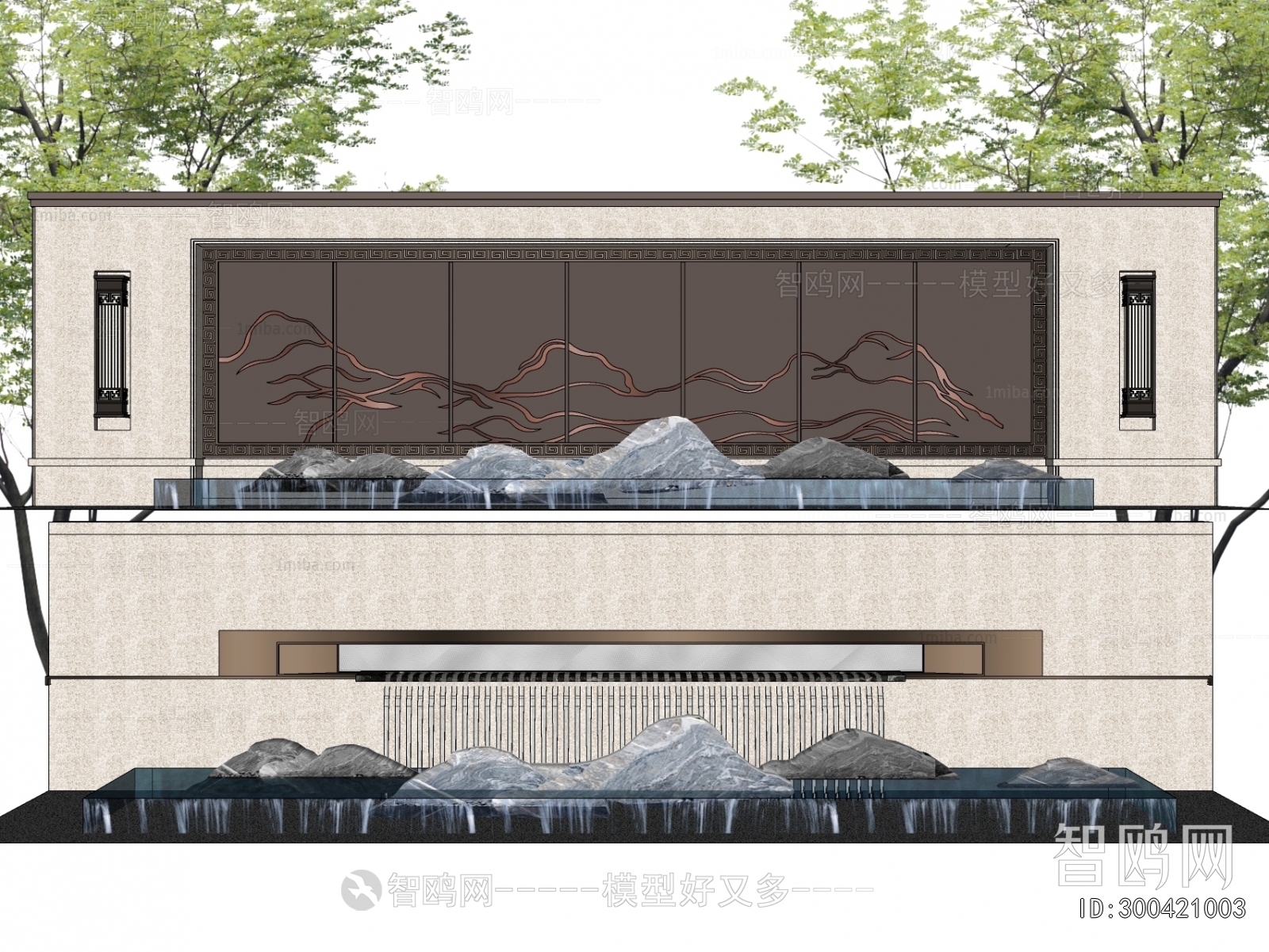 新中式景墙围墙水景3D模型下载